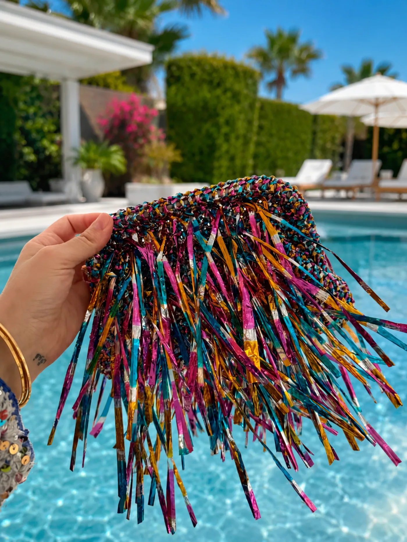 Çok renkli payet saçaklı ışıltılı el örgüsü clutch - Atelier by Meli